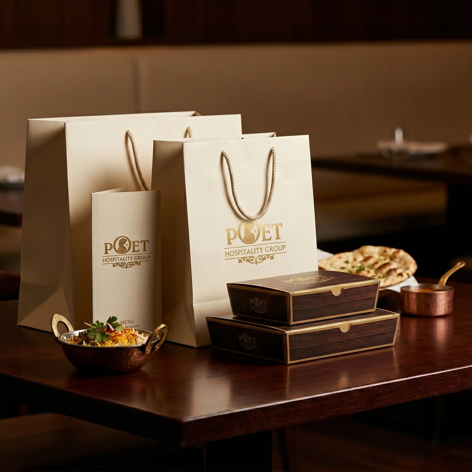 Poet Kitchen takeaway packaging on a warm wooden surface