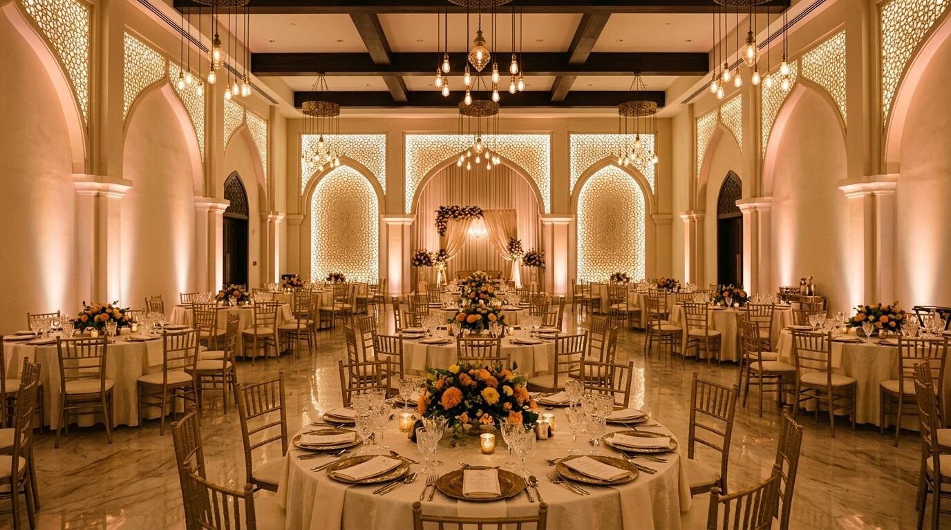 Corporate event setup at Al Shafi Farmhouse, executive seating and stage